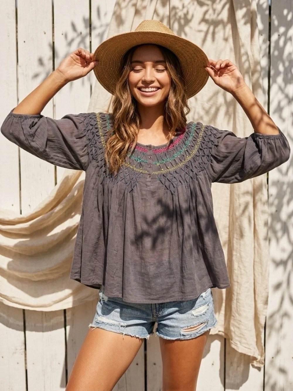 Free People Embroidered Boho 3/4 Puff Sleeve Gray Top Size XS